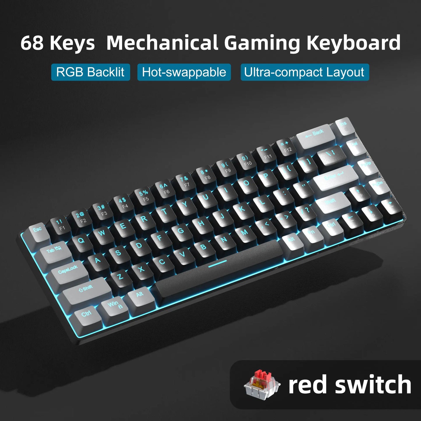 Portable 60% Mechanical Gaming Keyboard, Mk-Box LED Backlit Compact 68 Keys Mini Wired Office Keyboard for Windows PC